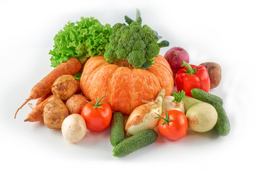Food photography different vegetables isolated white background. Organic food background.