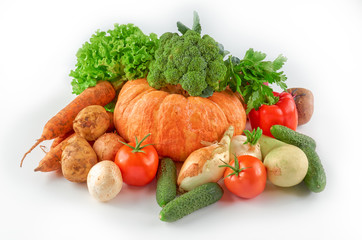 Food photography different vegetables isolated white background. Organic food background.