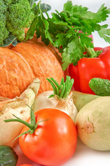 Food photography different vegetables isolated white background. Organic food background.