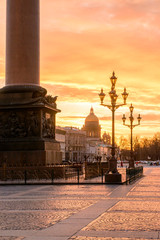 Sunset on the Palace Square in St. Petersburg, a golden sunset overlooking St. Isaac's Cathedral