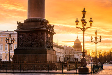 Sunset on the Palace Square in St. Petersburg, a golden sunset overlooking St. Isaac's Cathedral