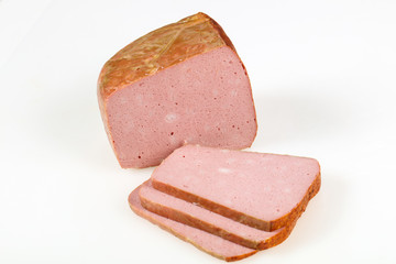 Tasty meat sausages over white background