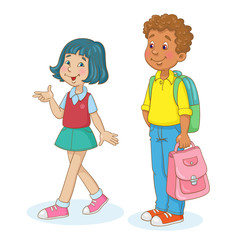 Funny boy helps a cute girl to carry a school bag. Picture in cartoon style. Isolated on white background