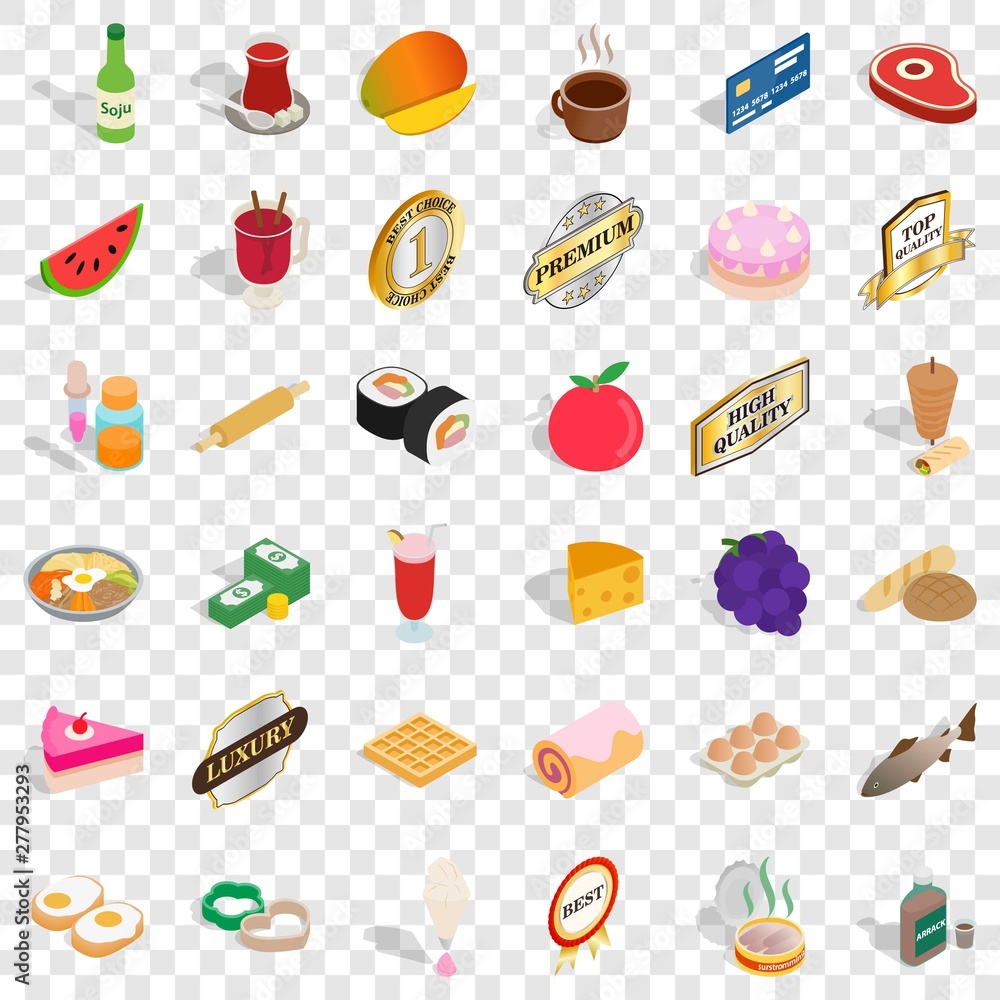 Poster meat icons set. isometric style of 36 meat vector icons for web for any design