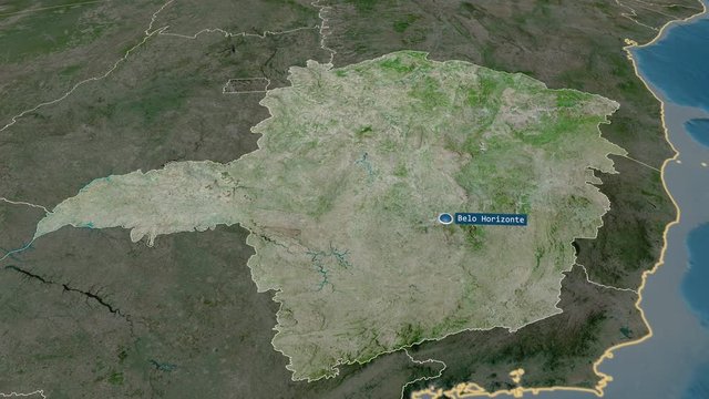 Minas Gerais - state of Brazil with its capital zoomed on the satellite map of the globe. Animation 3D