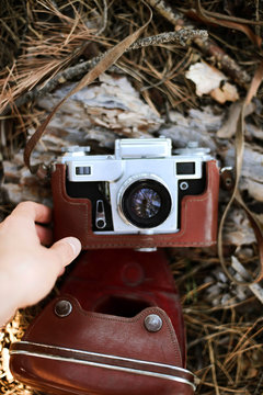A vintage camera lying in the forest ground.