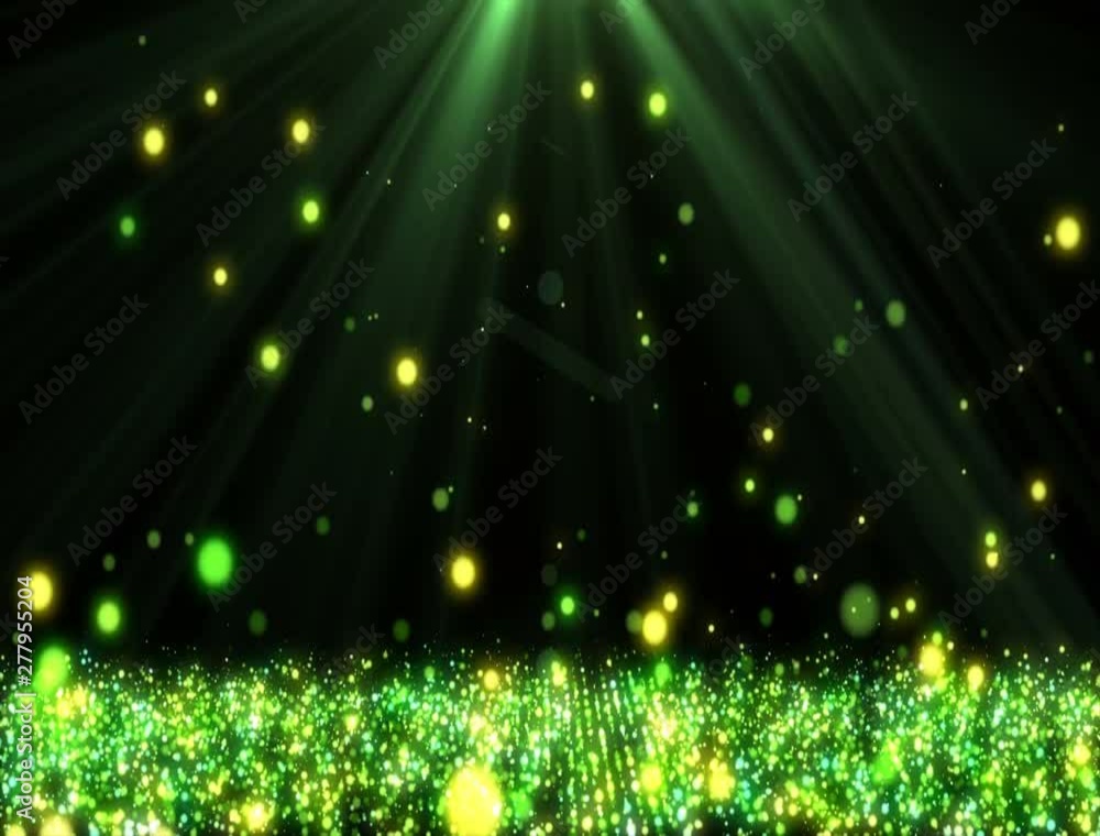 Poster abstract green shimmering background. yellow glitter bokeh particles. stage floor for display your p