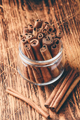 Cinnamon sticks in a glass jar