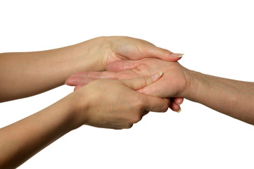 Woman holding adult daughters hands on white background
