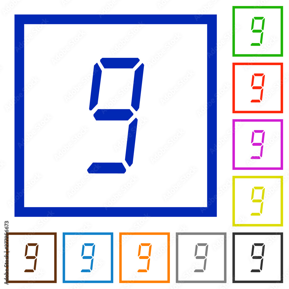 Poster digital number nine of seven segment type flat framed icons