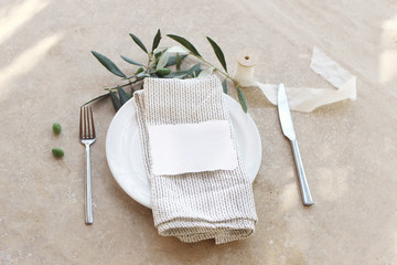 Festive table summer setting with silver cutlery, olive branch, porcelain plate, linen napkin....