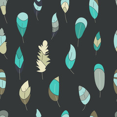 Fototapeta premium Vector seamless pattern with feathers. Stylish print,texture,background. Soft nature colors. Turquoise hand drawn elements