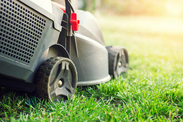 Mowing a lawn with a lawn mower. Lawn mowers cut grass. Garden work concept background