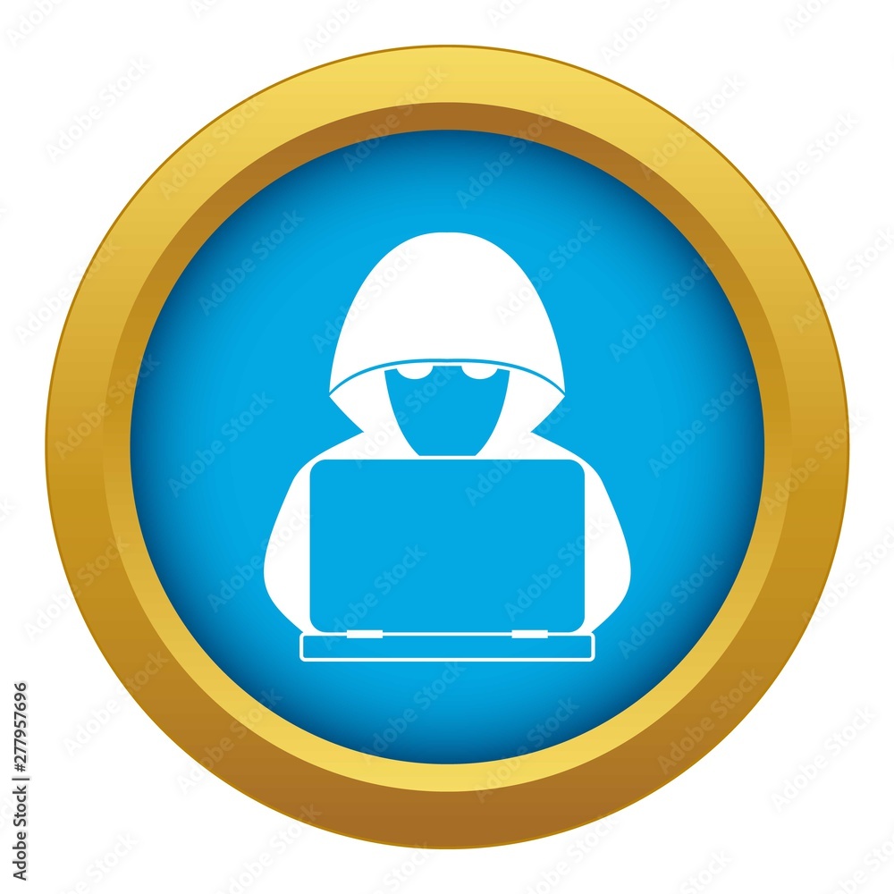 Poster computer hacker with laptop icon blue vector isolated on white background for any design