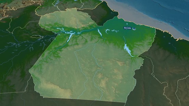 Para - state of Brazil with its capital zoomed on the physical map of the globe. Animation 3D