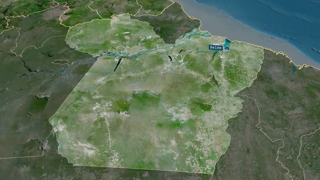 Para - state of Brazil with its capital zoomed on the satellite map of the globe. Animation 3D