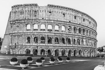 Colosseum, or Coliseum. Morning sunrise at huge Roman amphitheatre, Rome, Italy.