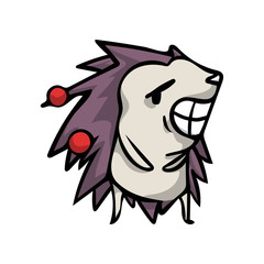 Hedgehog big white smile with red apple on spikes