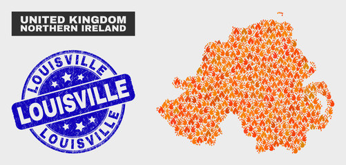 Vector collage of fire Northern Ireland map and blue round distress Louisville seal. Orange Northern Ireland map mosaic of fire items. Vector combination for fire protection services,