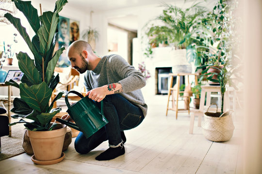 Full length of man kneeling while watering potted plant at home
