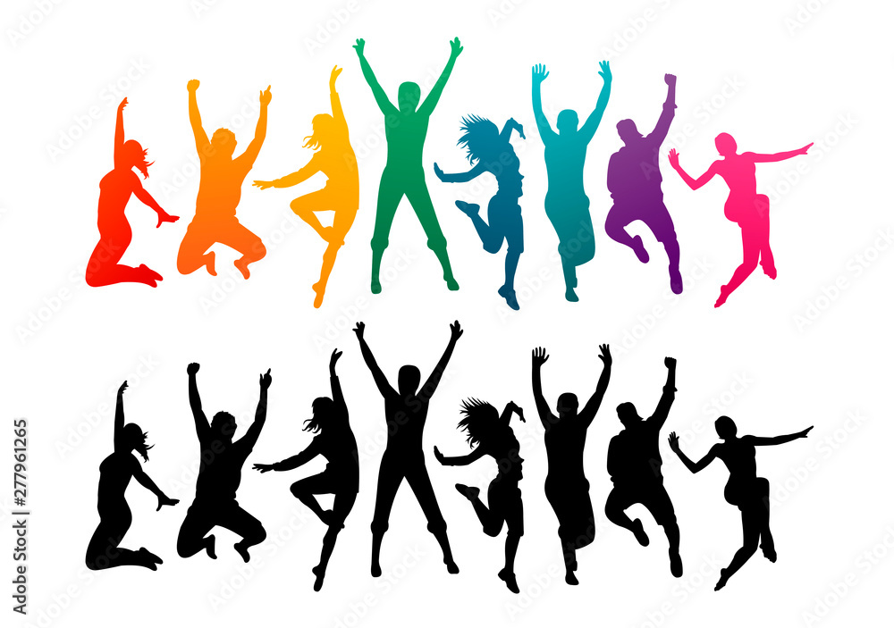 Wall mural colorful happy group people jump vector illustration silhouette. cheerful man and woman isolated. ju