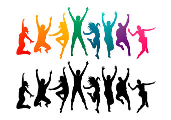 Fototapeta premium Colorful happy group people jump vector illustration silhouette. Cheerful man and woman isolated. Jumping fun friends background. Expressive dance dancing, jazz, funk, hip-hop