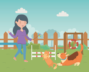 Fototapeta premium Girl with cat and dog cartoon design