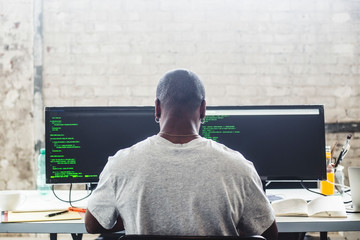 Rear view of male IT expert using computer while coding at creative workplace
