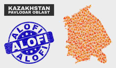 Vector collage of flame Pavlodar Region map and blue round scratched Alofi seal. Orange Pavlodar Region map mosaic of flame icons. Vector collage for fire protection services, and Alofi seal stamp.