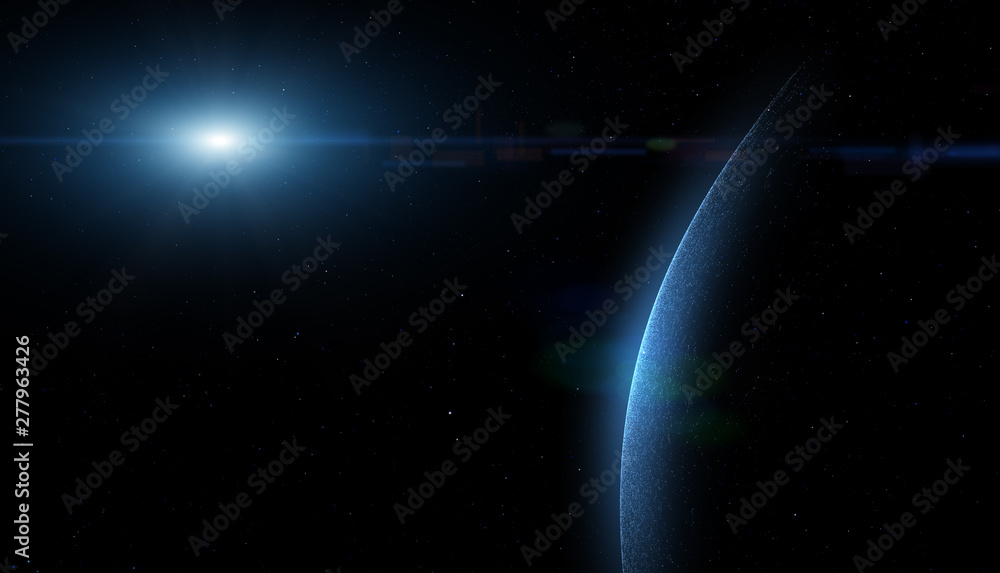 Wall mural conceptual universe with planet and bright star light. 3d illustration.