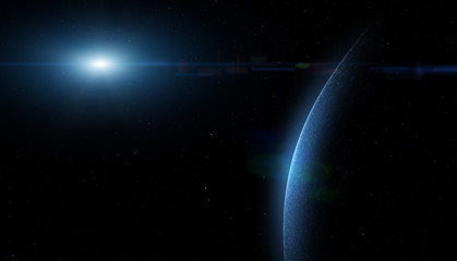 Conceptual universe with planet and bright star light. 3d illustration.
