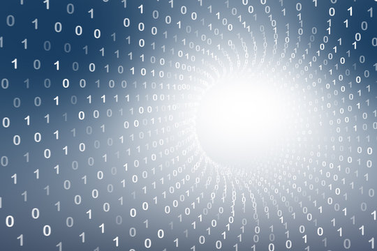 Shiny blue binary numbers computer tunnel data travel. Copy space 3d illustration background. 