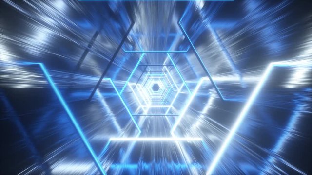 Flying through glowing neon hexagon creating a tunnel with grunge reflection, blue spectrum, fluorescent ultraviolet light, modern colorful lighting, 4k loop animation