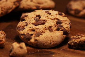 Chocolate cookies on wooden table. Chocolate chip cookies