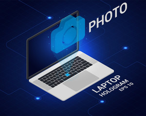 Icon photo hologram. The laptop is an isometric view. Photo sharing technology. Future technology.