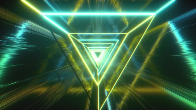 Flying through glowing neon triangles creating a tunnel with grunge reflection, blue yellow spectrum, fluorescent light, modern colorful lighting, 4k loop animation