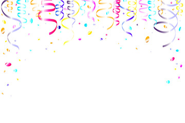 Bright colored tinsel, ribbons, confetti party. New Year poster, flyer, carnival background. Mocap White background