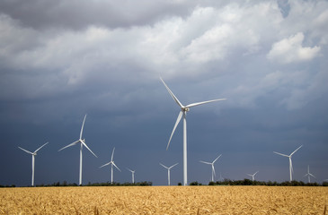 Wind turbines and agricultural field on a summer cloudy day. Energy production, clean and renewable energy.