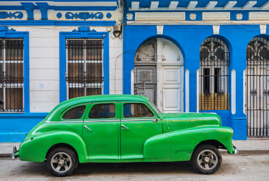 Parked green vintage car, Havana, Cuba