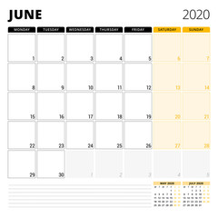 Calendar planner for June 2020. Stationery design template. Week starts on Monday. Vector illustration