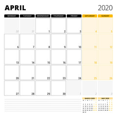 Calendar planner for April 2020. Stationery design template. Week starts on Monday. Vector illustration