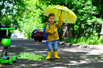 A little cute boy in a yellow raincoat walks through the puddles smiling and holding an umbrella with a lemon coloring.	