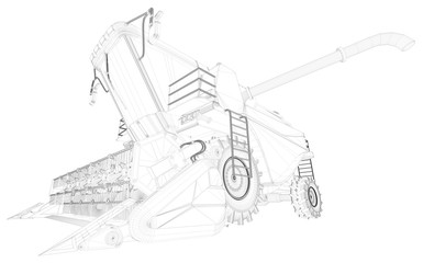 Industrial 3D illustration of thin contoured, detailed 3D drawing of agricultural combine harvester with grain pipe isolated, agriculture equipment research concept