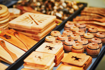 Traditional Finnish wooden decorations and kitchen ustensils