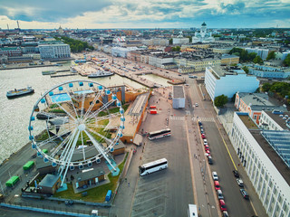 Scenic aerial view of Ferris Wheel and Helsinki Cathedral