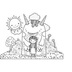 little fairy with monster in the field