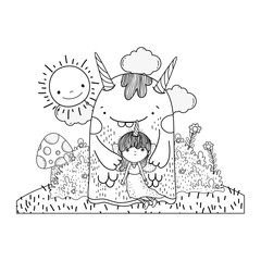 little fairy with monster in the field