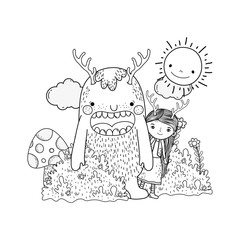 little fairy with monster in the field