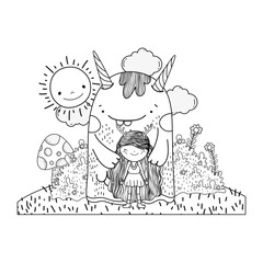 little fairy with monster in the field
