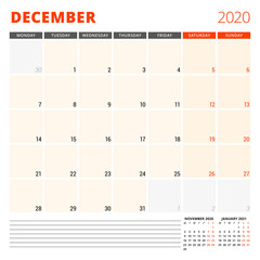Calendar planner for December 2020. Stationery design template. Week starts on Monday. Vector illustration